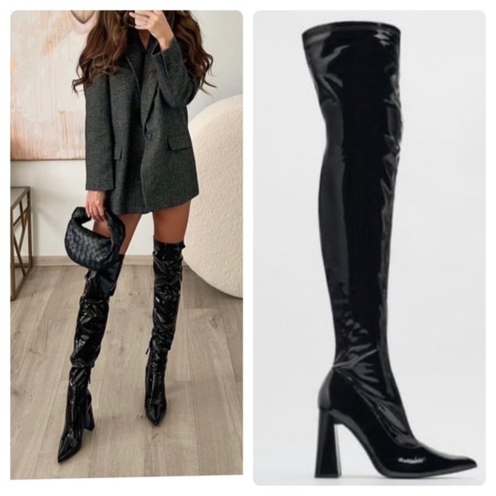 Zara NWT Patent Leather high heel over the knee boots size 9